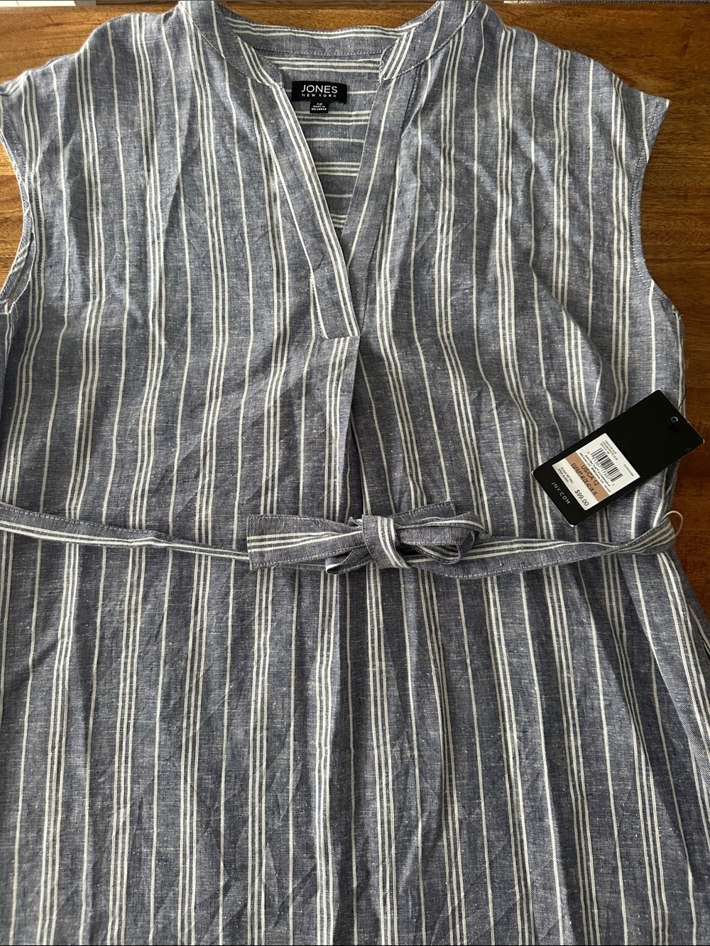 Jones New York Blue and White Striped Sleeveless Midi Dress with Tie Waist
